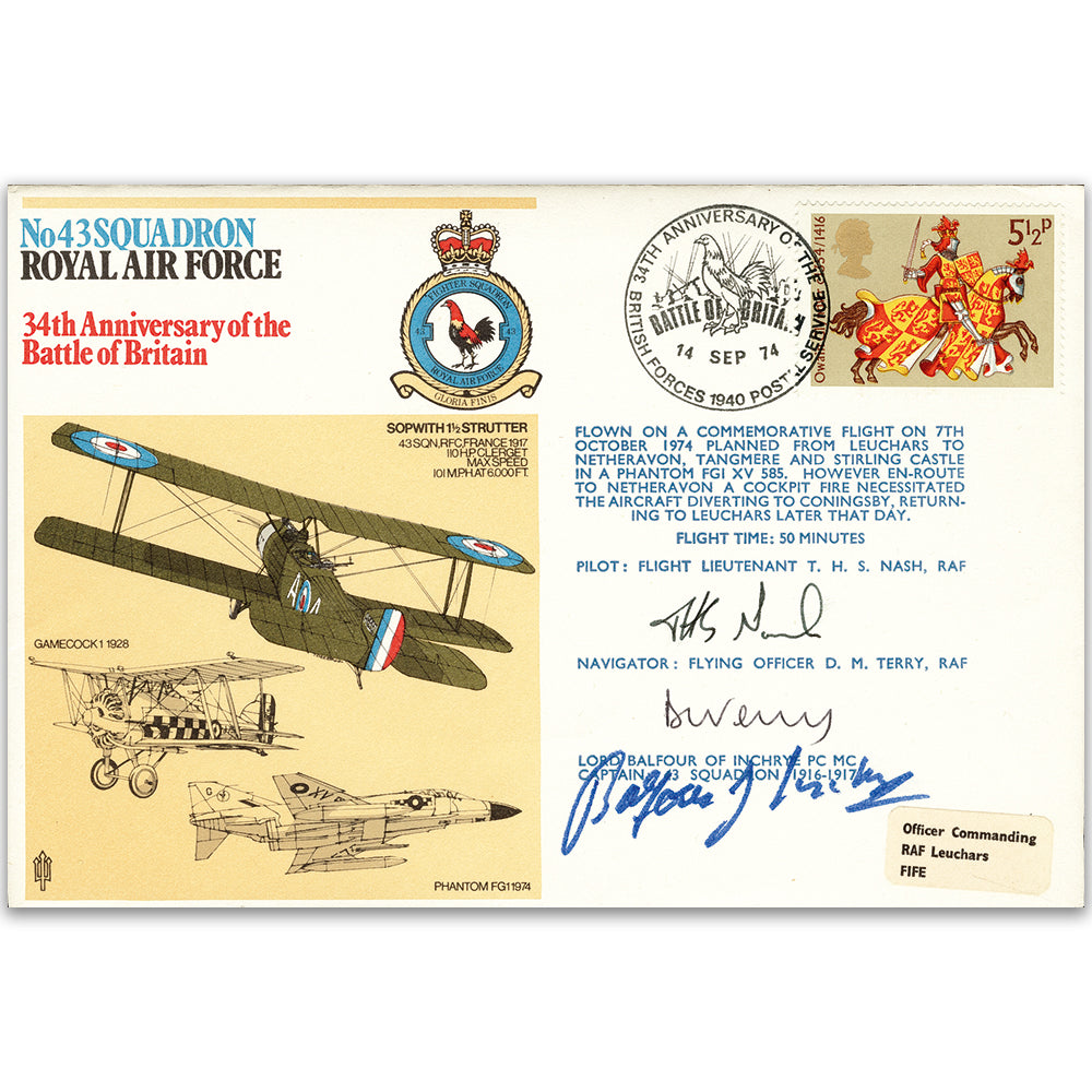 1974 No. 43 Sqn - Signed by Lord Balfour of Inchrye PC. Sqn. Capt. 191