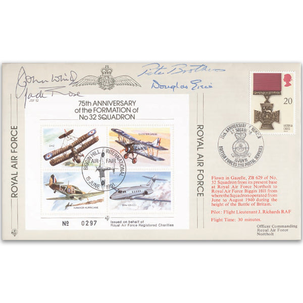1991 75th Anniversary No. 32 Squadron - Flown cover - Signatures include Pete Brothers CBE