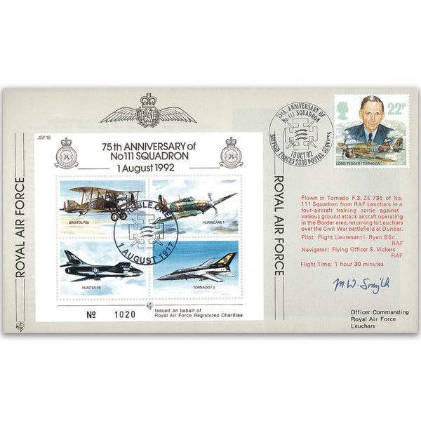1993 75th Anniversary of No.111 Squadron - Flown cover signed by M W Smyth