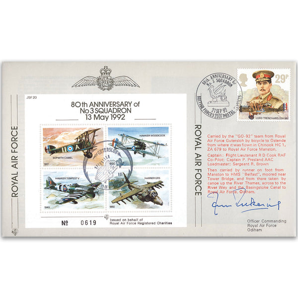 1992 80th Anniversary of No.3 Squadron - Flown cover signed by J Pickering AFC