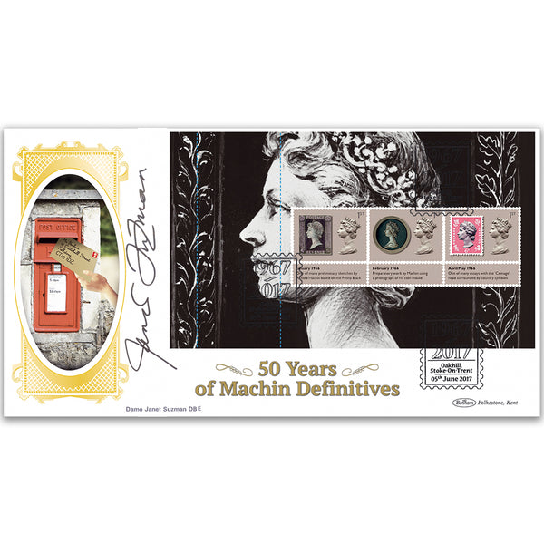 2017 Machin 50th Ann. PSB BLCS Cover 1 - (P1) (Penny Black) Pane Signed Dame Suzman DBE