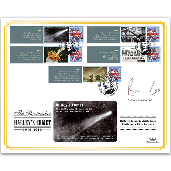 2010 Halley's Comet Commemorative Sheet BLCSSP Cover 1 Signed Prof Brian Cox OBE
