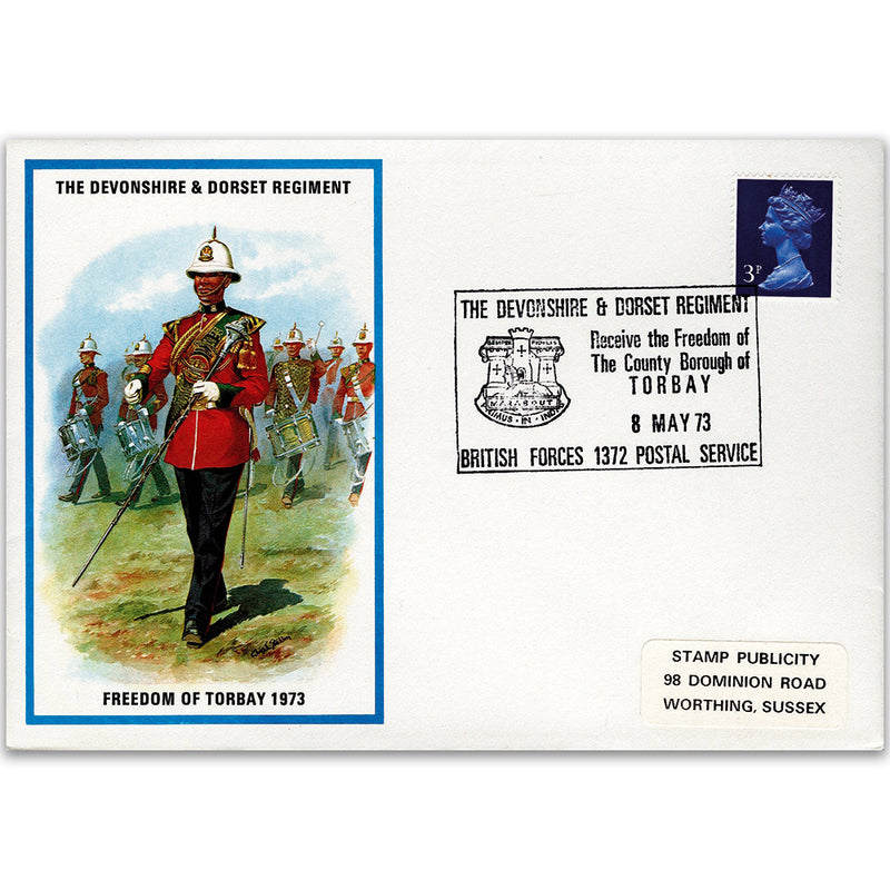 1973 British Military Uniforms - Devon & Dorset Regiment - 3p Stamp & Devon H/S