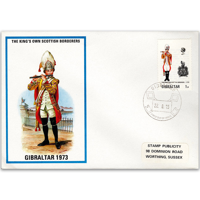 1973 British Military Uniforms - Kings Own Scottish Borderers - 1p Stamp & Gibraltar H/S