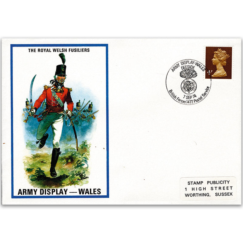1974 British Military Uniforms - Royal Welsh Fusiliers - 4p Stamp & Army Wales H/S