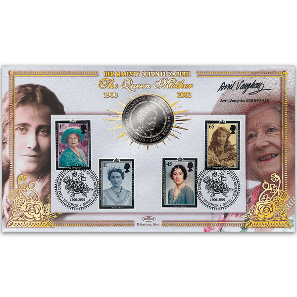 2002 Queen Mother 'In Memoriam' £5 Coin Cover - Signed by Avril Vaughan ARBS FSNAD