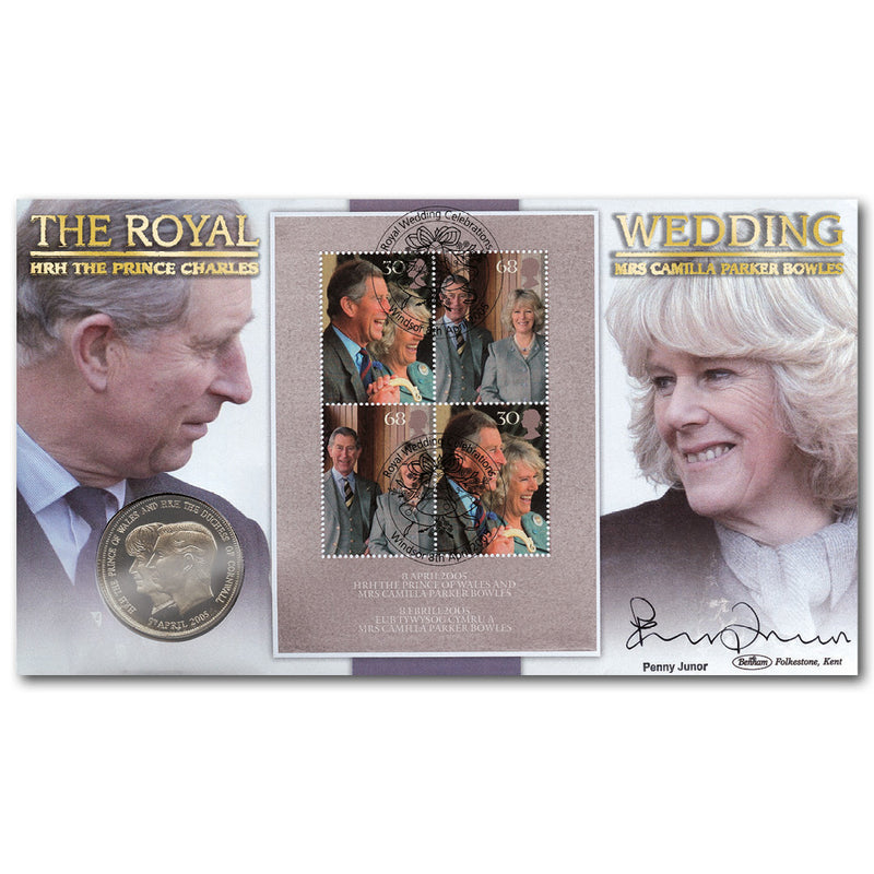 2005 Royal Wedding M/S Coin Cover - Signed by Penny Junor