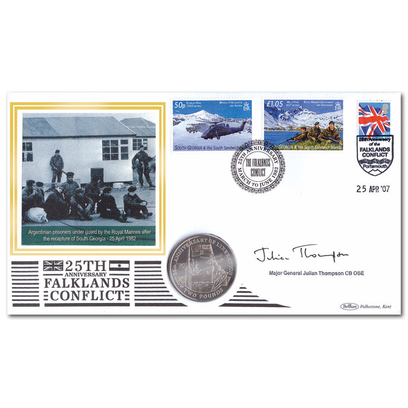 2007 Falklands Conflict 25th Anniversary Coin Cover - Signed by Maj. Gen. J. Thompson CB OBE