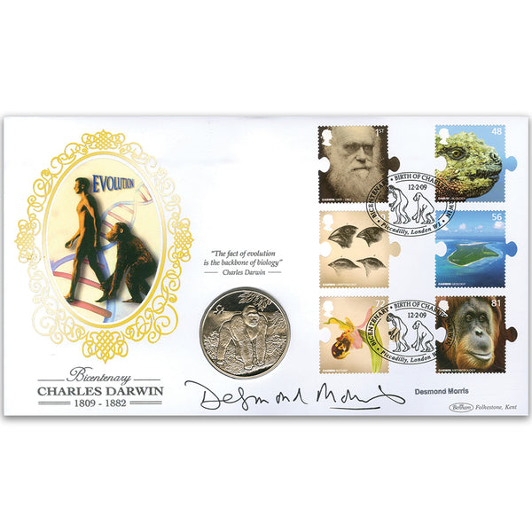 2009 Charles Darwin Coin Cover - Signed by Desmond Morris