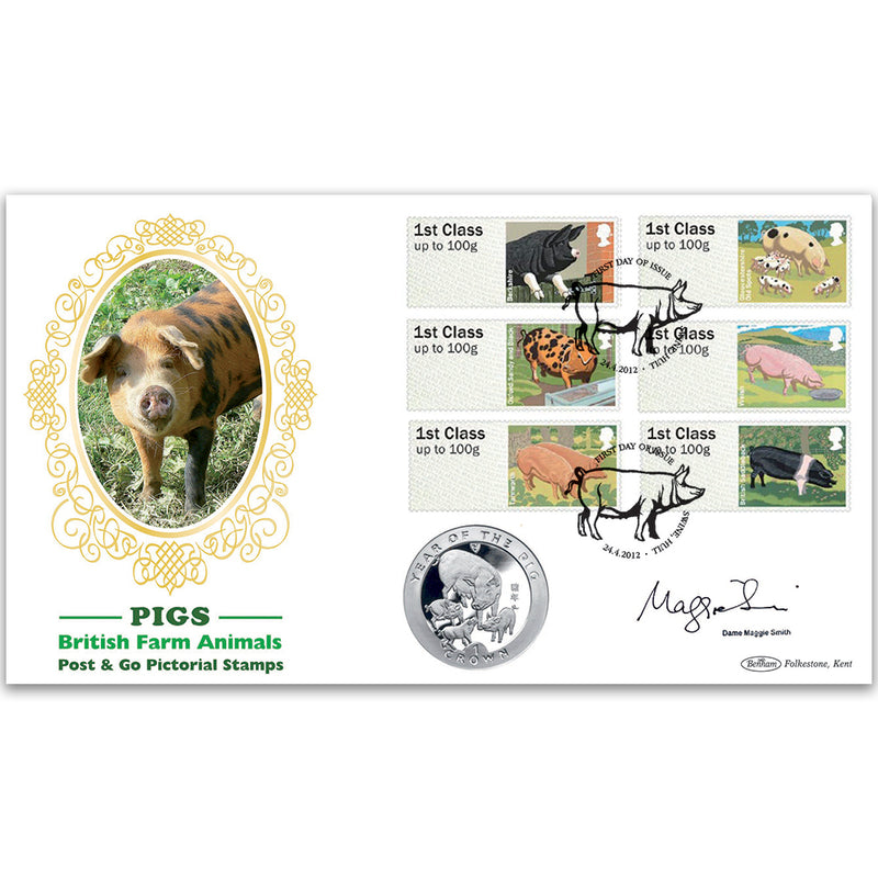 2012 Post & Go British Farm Animals - Pigs Coin Cover - Signed Dame Maggie Smith