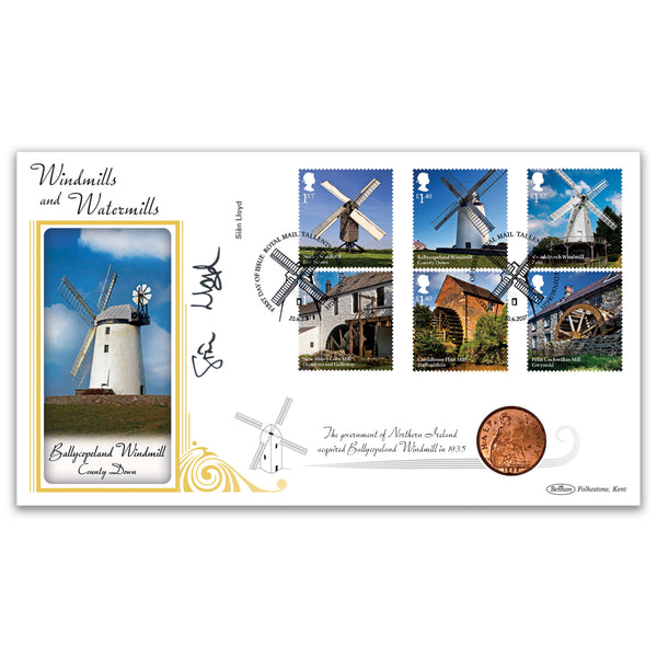 2017 Windmills and Watermills Stamps Coin Cover Signed Sian Lloyd