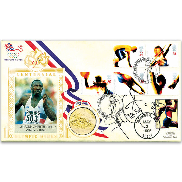 1996 Olympic Coin Cover - Signed by Linford Christie
