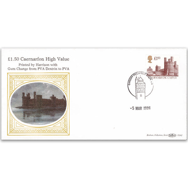 1996 £1.50 Caernarfon High Value Harrison - Gum Change to PVA Cardiff Handstamp