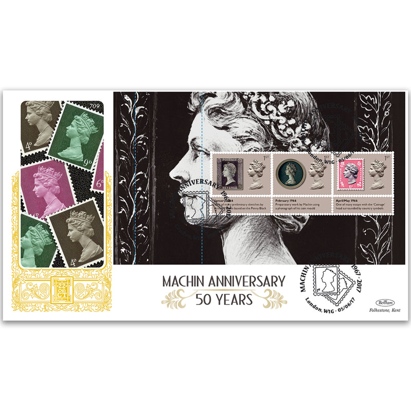 2017 Machin 50th Anniversary PSB GOLD 500 - (P1) 1st x 3 (Penny Black) Pane