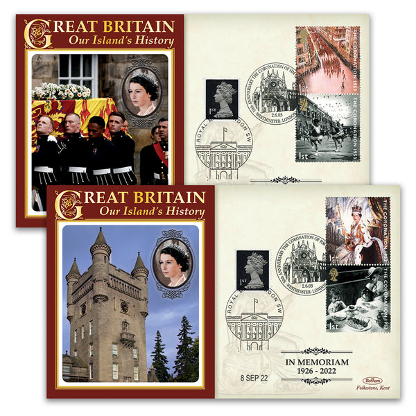 HM Queen Elizabeth II Pair of Coronation/In Memoriam Doubled Covers