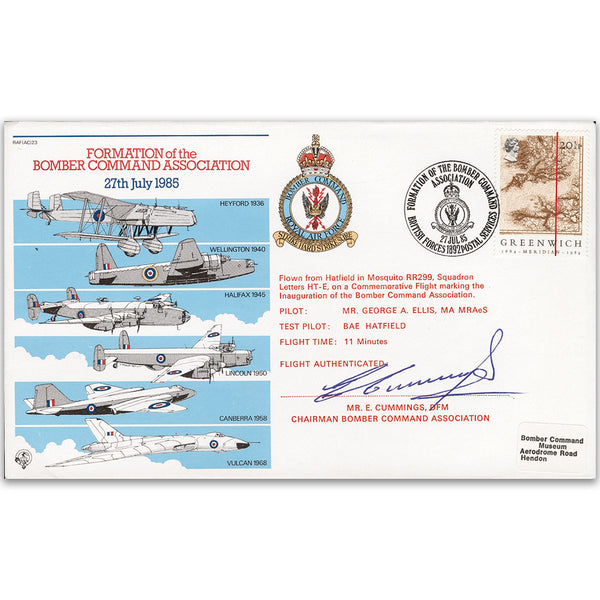 1985 Formation Bomber Command Assoc. - Signed by E. Cummings BFM, Chairman.