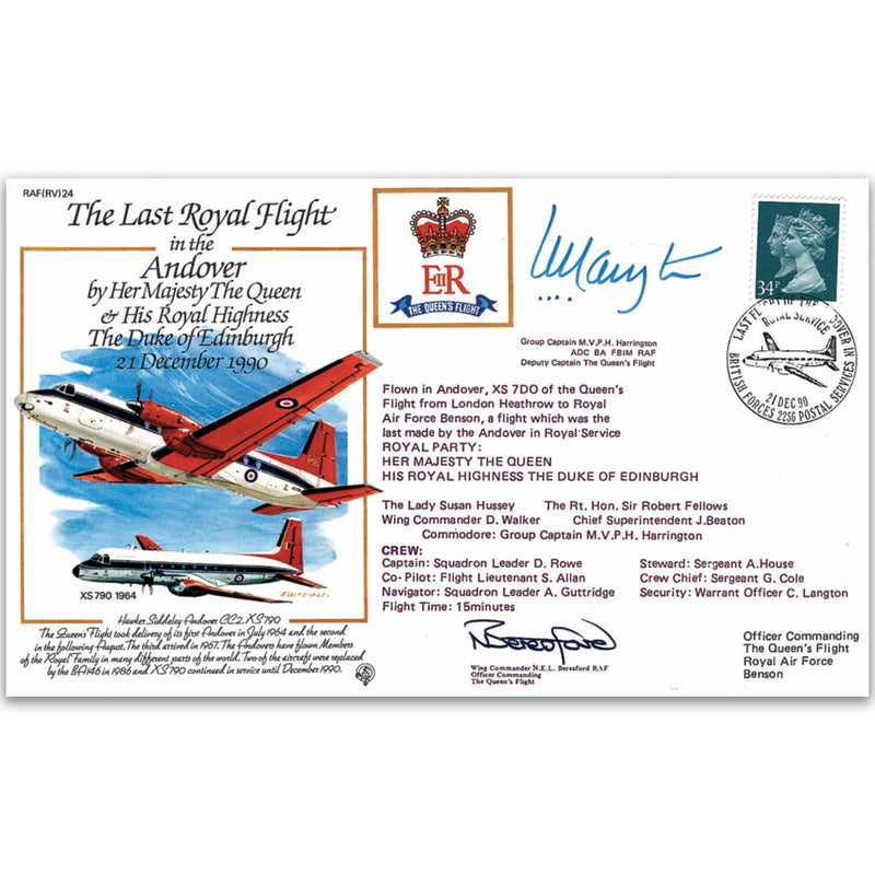 1990 Last Flight by The Queen & Prince Philip in an Andover - Signed by Gp. Capt. Harrington