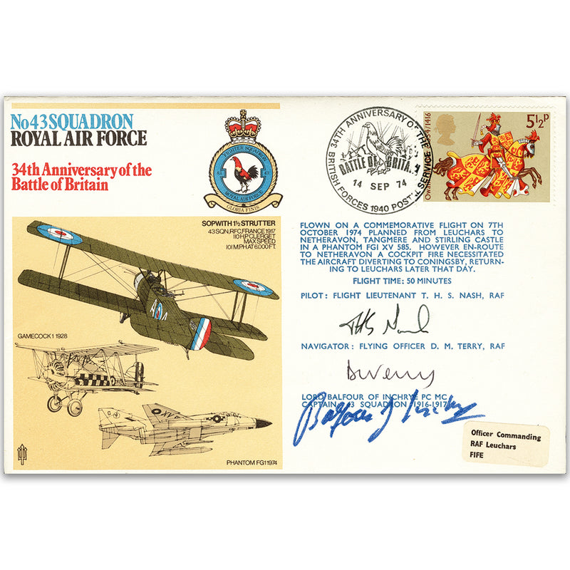 1974 No. 43 Sqn - Signed by Lord Balfour of Inchrye PC. Sqn. Capt. 1916 - 17