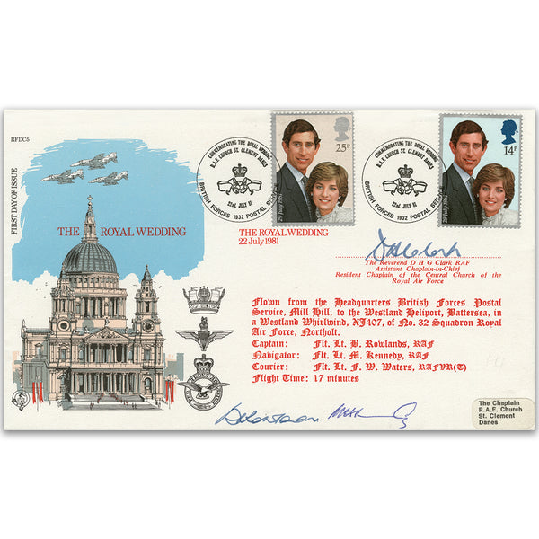 1981 Royal Wedding RFDC Official - Signed by Rev. D. Clark, Asst. Chaplain-General & Flight Crew
