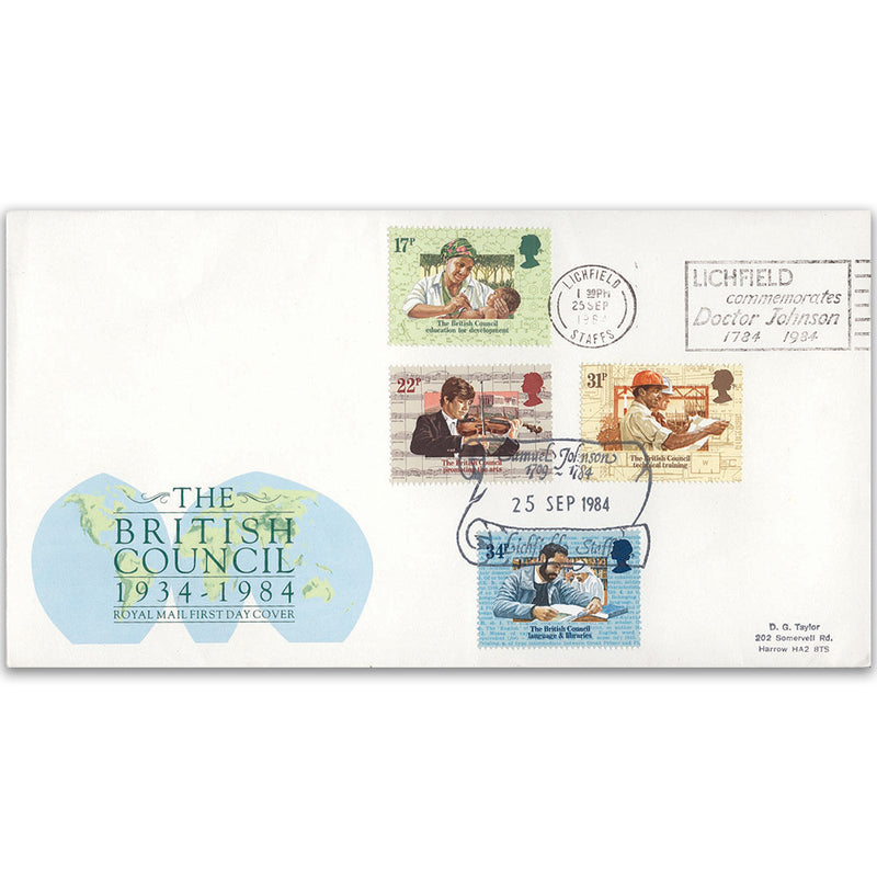 1984 British Council 50th - Royal Mail FDC - Doctor Johnson, Lichfield slogan