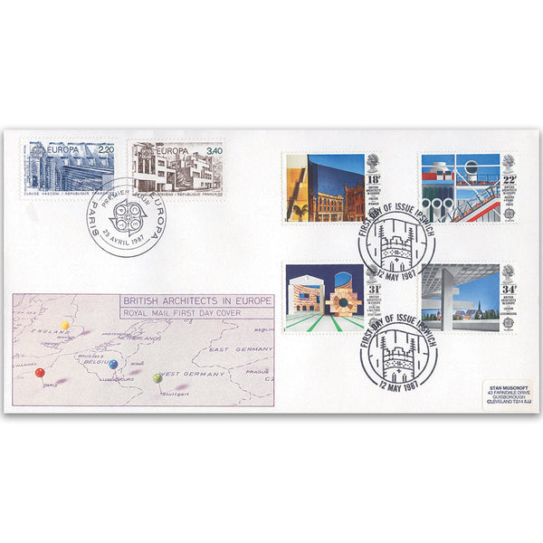 1987 Europa: British Architects in Europe Royal Mail FDC - Ipswich FDI - Paris Double
