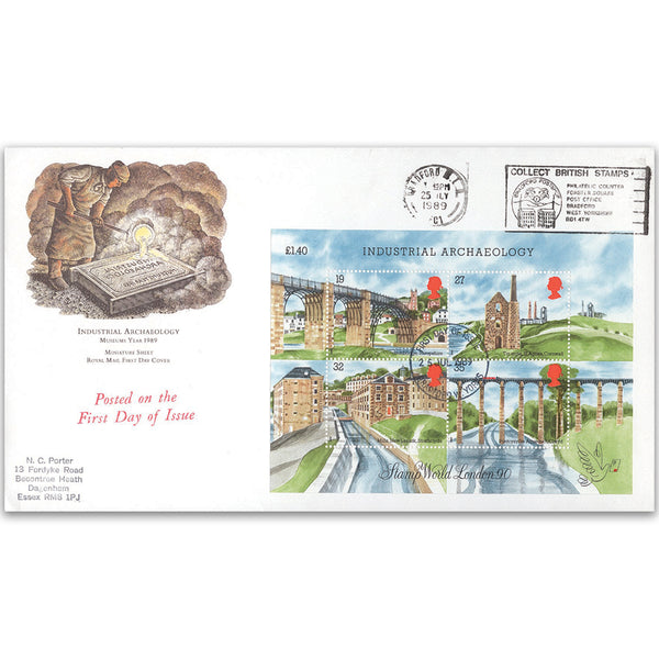 1989 Industrial Archaeology 'Stamp World 90' M/S - Bradford 'Collect British Stamps' Slogan